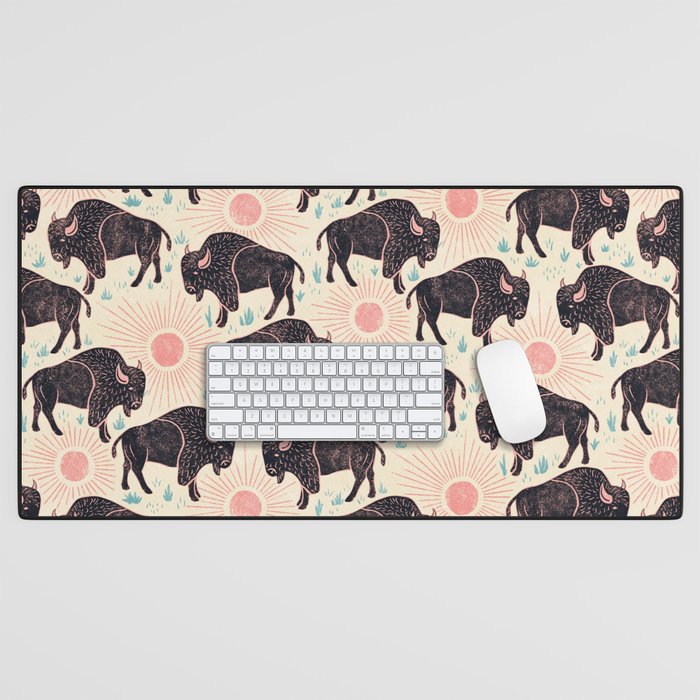 Bison - black, pink, teal, on cream Desk Mat Gallery Image 1