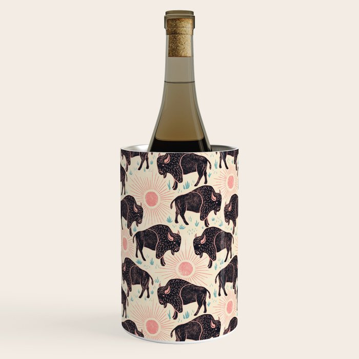 Bison - black, pink, teal, on cream Wine Chiller Gallery Image 3