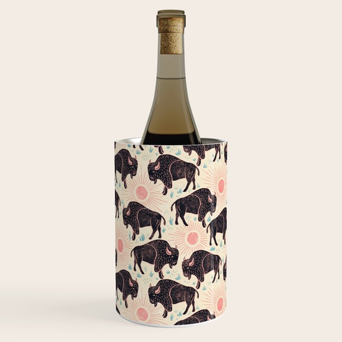 Bison - black, pink, teal, on cream Wine Chiller Gallery Image 1