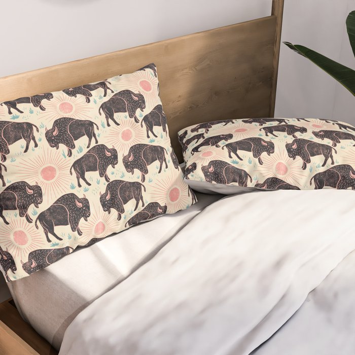 Bison - black, pink, teal, on cream Pillow Sham Gallery Image 2