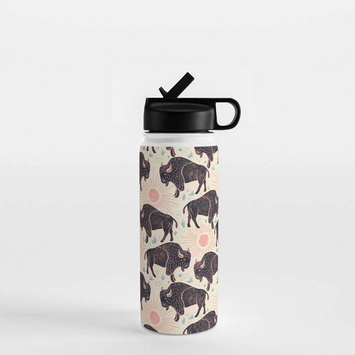 Bison - black, pink, teal, on cream Water Bottle Gallery Image 1