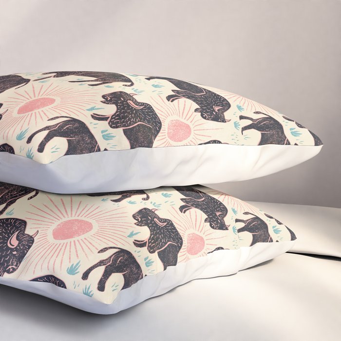 Bison - black, pink, teal, on cream Pillow Sham Gallery Image 3