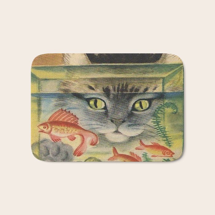 Cat Looking at Goldfish Vintage Art Bath Mat Gallery Image 1
