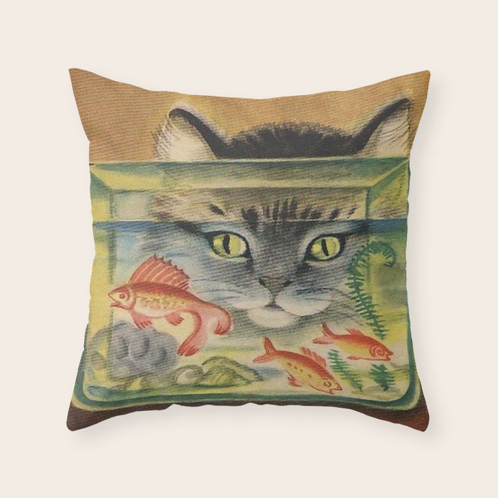 Cat Looking at Goldfish Vintage Art Throw Pillow Gallery Image 6