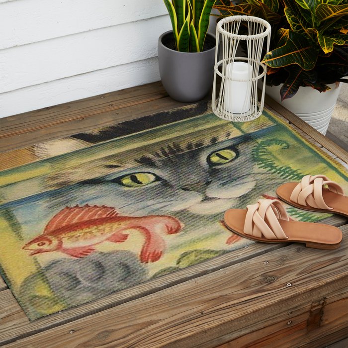Cat Looking at Goldfish Vintage Art Outdoor Rug Gallery Image 2