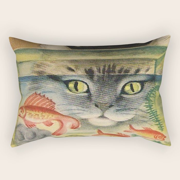 Cat Looking at Goldfish Vintage Art Rectangular Pillow Gallery Image 1