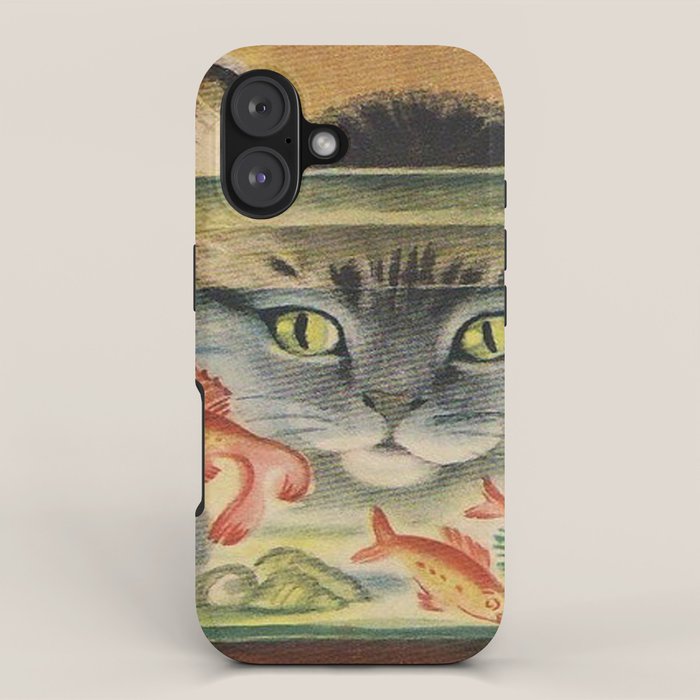 Cat Looking at Goldfish Vintage Art iPhone Case Gallery Image 1