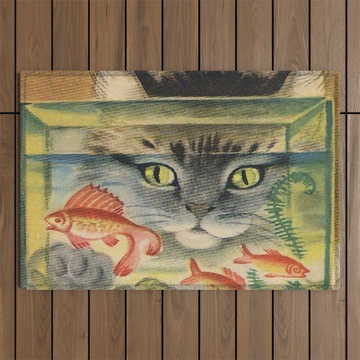 Cat Looking at Goldfish Vintage Art Outdoor Rug Gallery Image 1