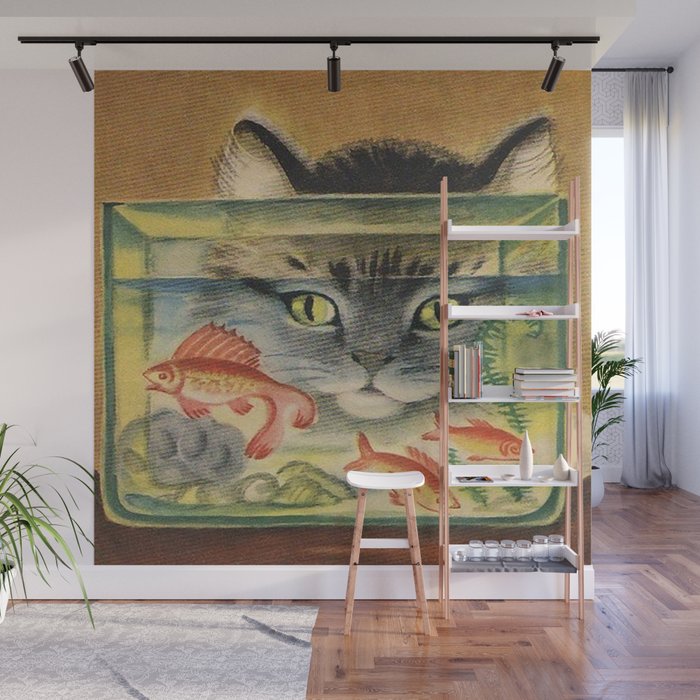 Cat Looking at Goldfish Vintage Art Wall Mural Gallery Image 1