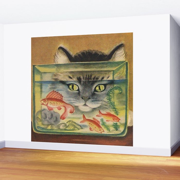 Cat Looking at Goldfish Vintage Art Wall Mural Gallery Image 2