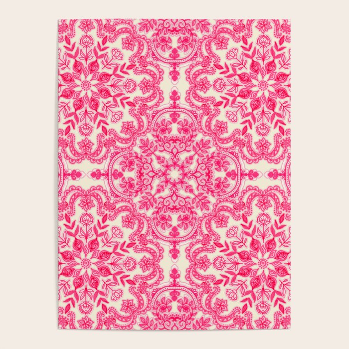 Hot Pink & Soft Cream Folk Art Pattern Poster Gallery Image 1