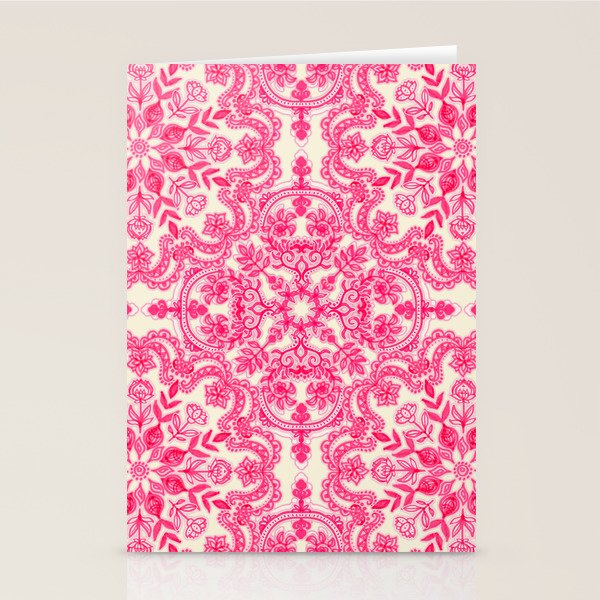 Hot Pink & Soft Cream Folk Art Pattern Stationery Card Gallery Image 2