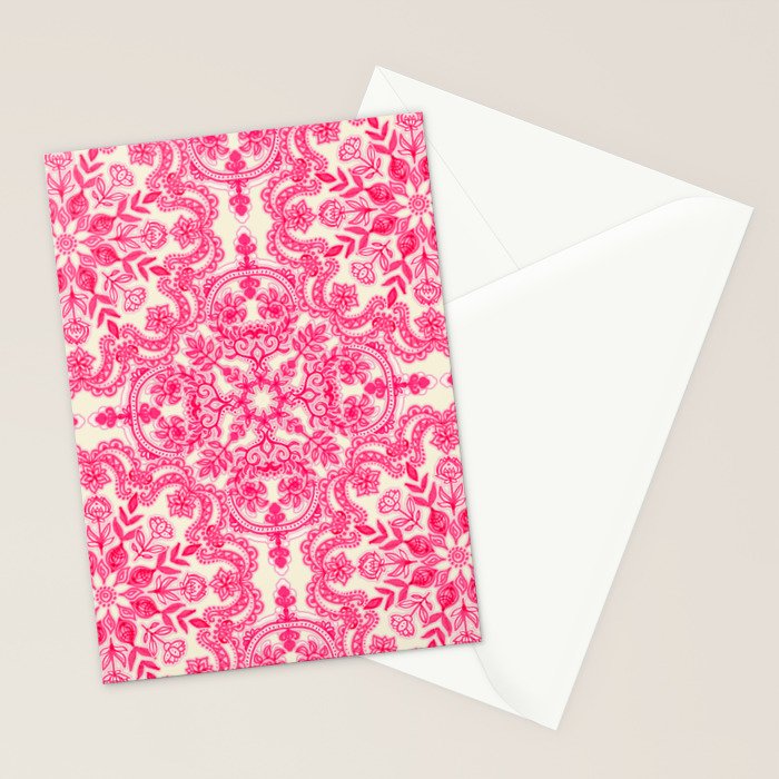Hot Pink & Soft Cream Folk Art Pattern Stationery Card Gallery Image 2