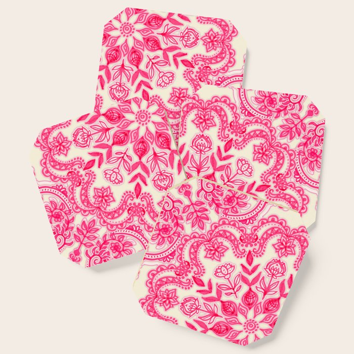 Hot Pink & Soft Cream Folk Art Pattern Coaster Gallery Image 1