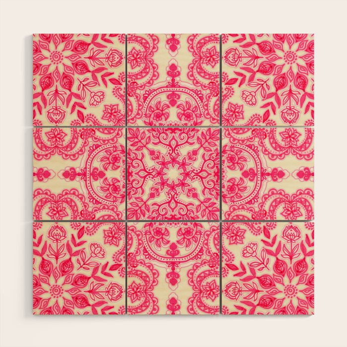 Hot Pink & Soft Cream Folk Art Pattern Wood Wall Art Gallery Image 1