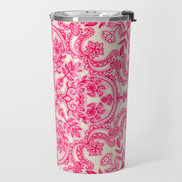 Hot Pink & Soft Cream Folk Art Pattern Travel Mug Gallery Image 2