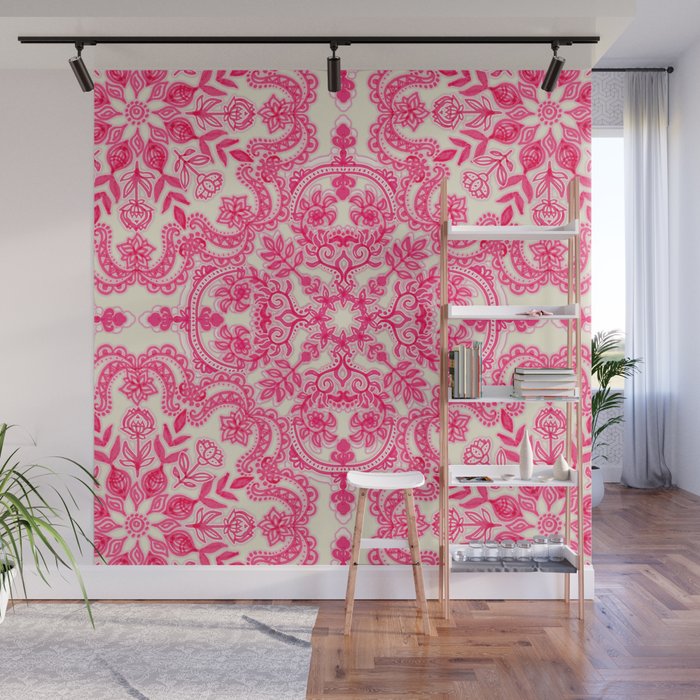 Hot Pink & Soft Cream Folk Art Pattern Wall Mural Gallery Image 1