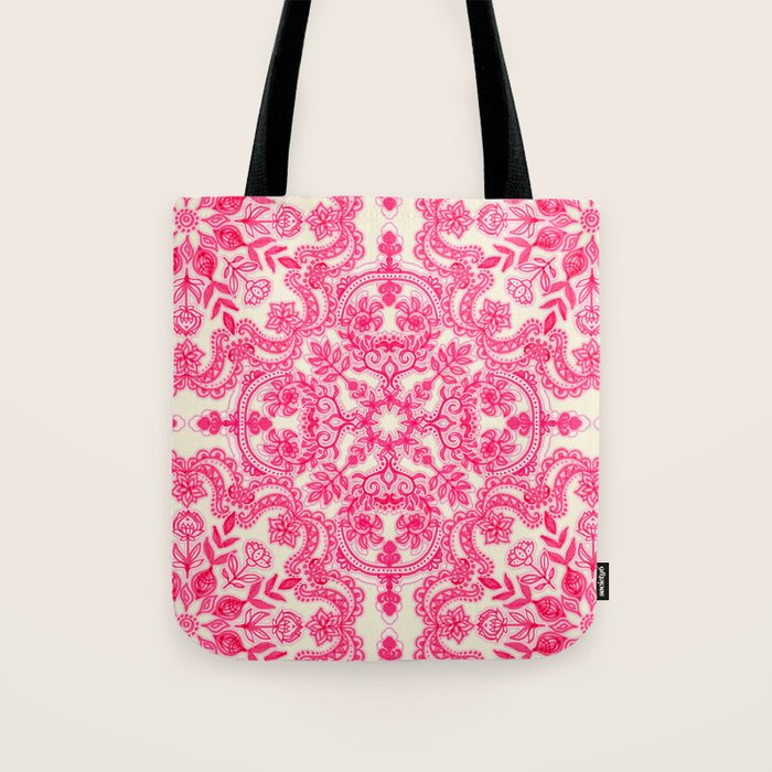 Hot Pink & Soft Cream Folk Art Pattern Tote Bag Gallery Image 1