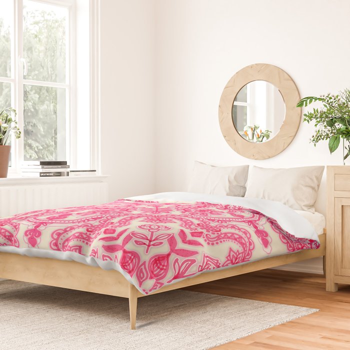 Hot Pink & Soft Cream Folk Art Pattern Duvet Cover Gallery Image 2