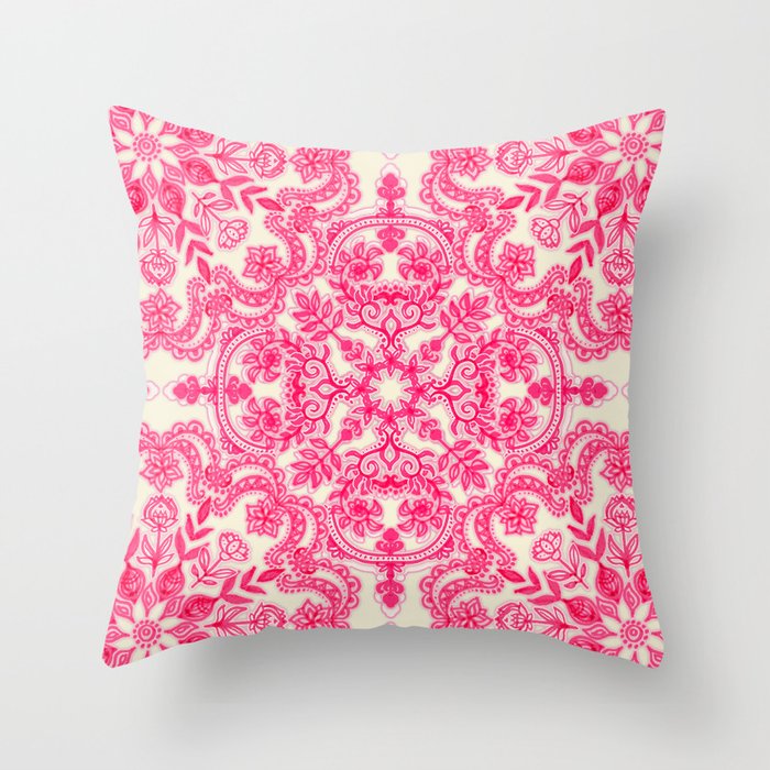 Hot Pink & Soft Cream Folk Art Pattern Throw Pillow Gallery Image 1