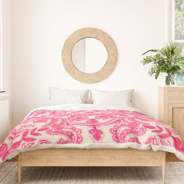 Hot Pink & Soft Cream Folk Art Pattern Duvet Cover Gallery Image 3