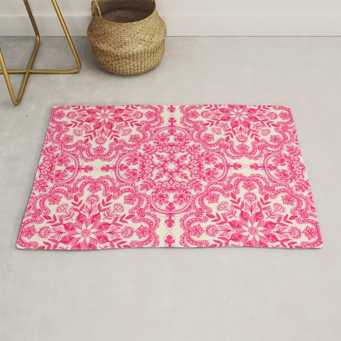 Hot Pink & Soft Cream Folk Art Pattern Rug Gallery Image 1