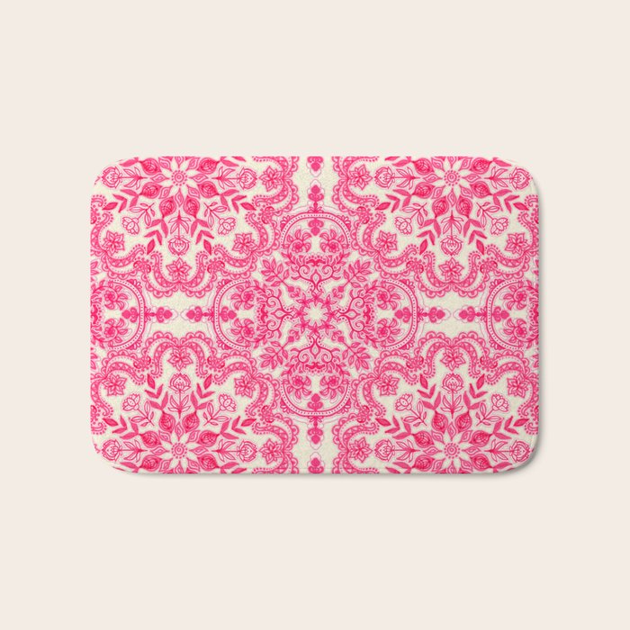 Hot Pink & Soft Cream Folk Art Pattern Bath Mat Gallery Image 1