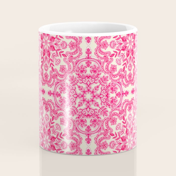 Hot Pink & Soft Cream Folk Art Pattern Coffee Mug Gallery Image 4