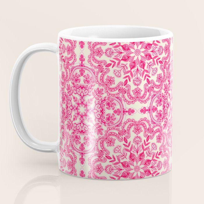 Hot Pink & Soft Cream Folk Art Pattern Coffee Mug Gallery Image 3