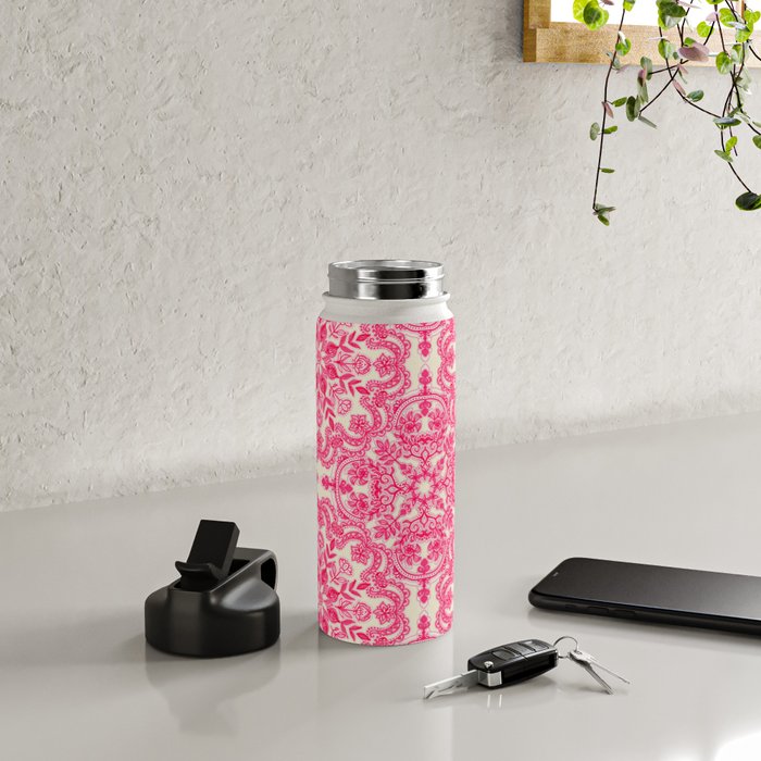 Hot Pink & Soft Cream Folk Art Pattern Water Bottle Gallery Image 4