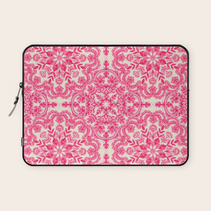 Hot Pink & Soft Cream Folk Art Pattern Laptop Sleeve Gallery Image 1