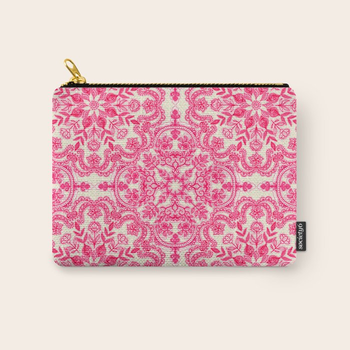 Hot Pink & Soft Cream Folk Art Pattern Carry All Pouch Gallery Image 1