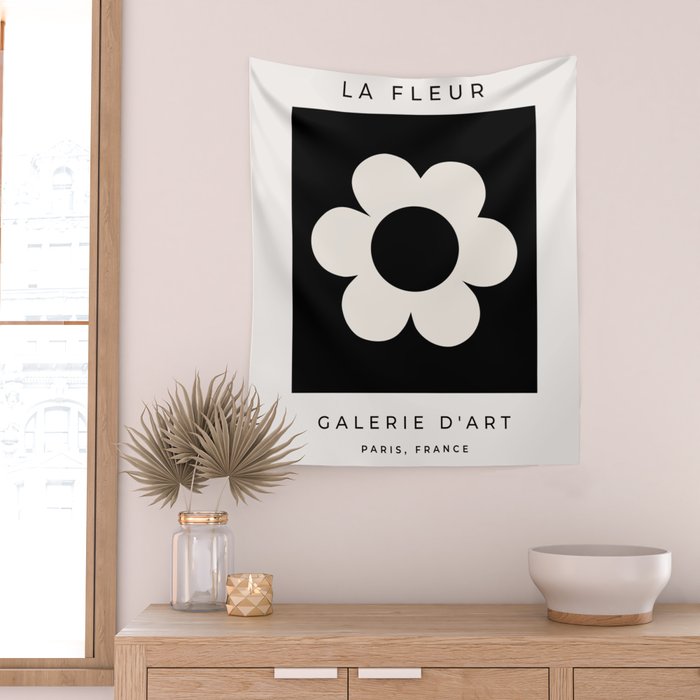 La Fleur | 06 - Retro Floral Print Black And White Flower Wall Tapestry Gallery Image 2