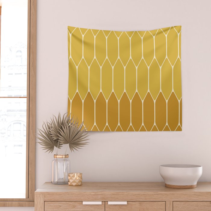 Minimalist Geometric Long Honeycomb Two-Toned Pattern in Light and Dark Mustard Wall Tapestry Gallery Image 2