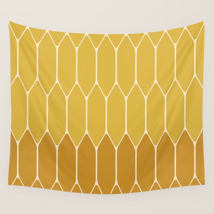 Minimalist Geometric Long Honeycomb Two-Toned Pattern in Light and Dark Mustard Wall Tapestry Gallery Image 4