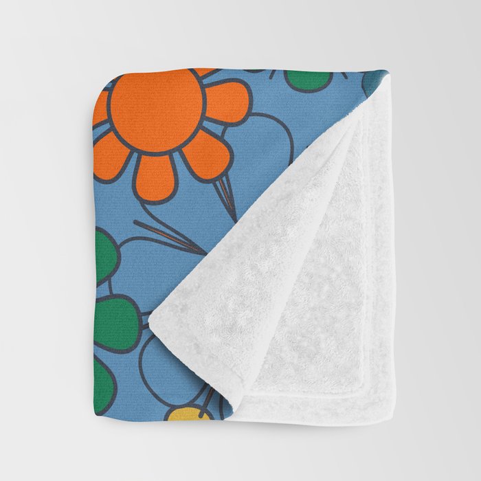 Groovy Retro Garden Flowers 60s 70s Multicolor Floral Pattern on Blue Throw Blanket Gallery Image 3
