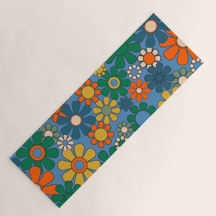 Groovy Retro Garden Flowers 60s 70s Multicolor Floral Pattern on Blue Yoga Mat Gallery Image 1