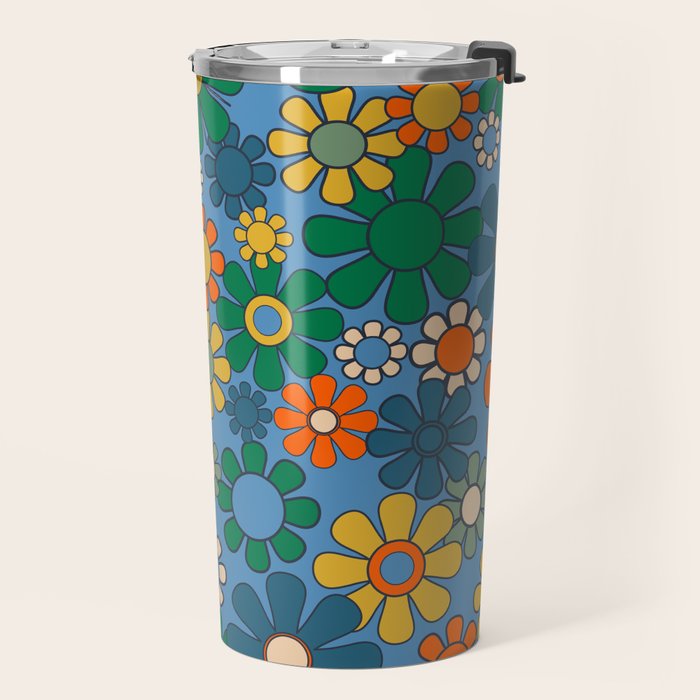 Groovy Retro Garden Flowers 60s 70s Multicolor Floral Pattern on Blue Travel Mug Gallery Image 2