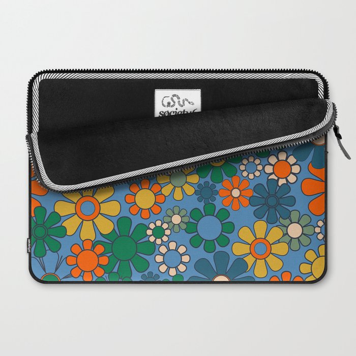 Groovy Retro Garden Flowers 60s 70s Multicolor Floral Pattern on Blue Laptop Sleeve Gallery Image 2