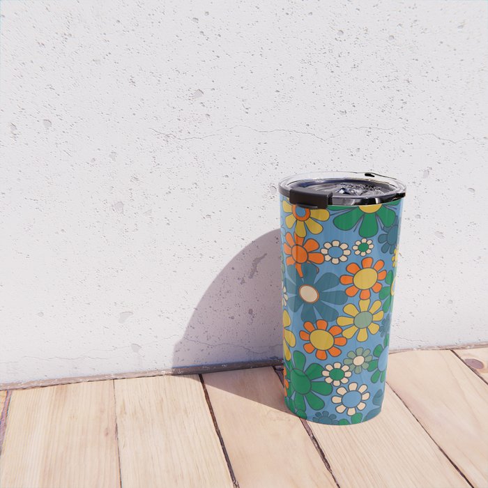 Groovy Retro Garden Flowers 60s 70s Multicolor Floral Pattern on Blue Travel Mug Gallery Image 4