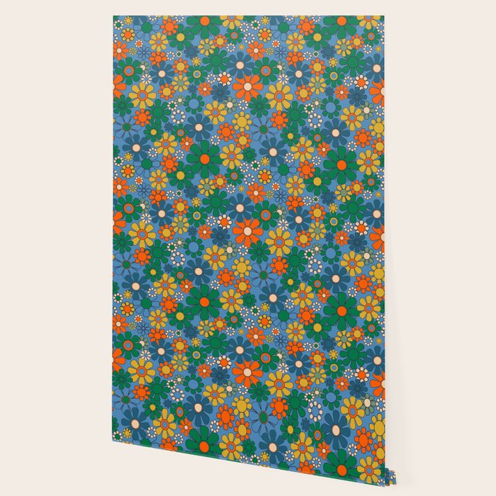 Groovy Retro Garden Flowers 60s 70s Multicolor Floral Pattern on Blue Wallpaper Gallery Image 2