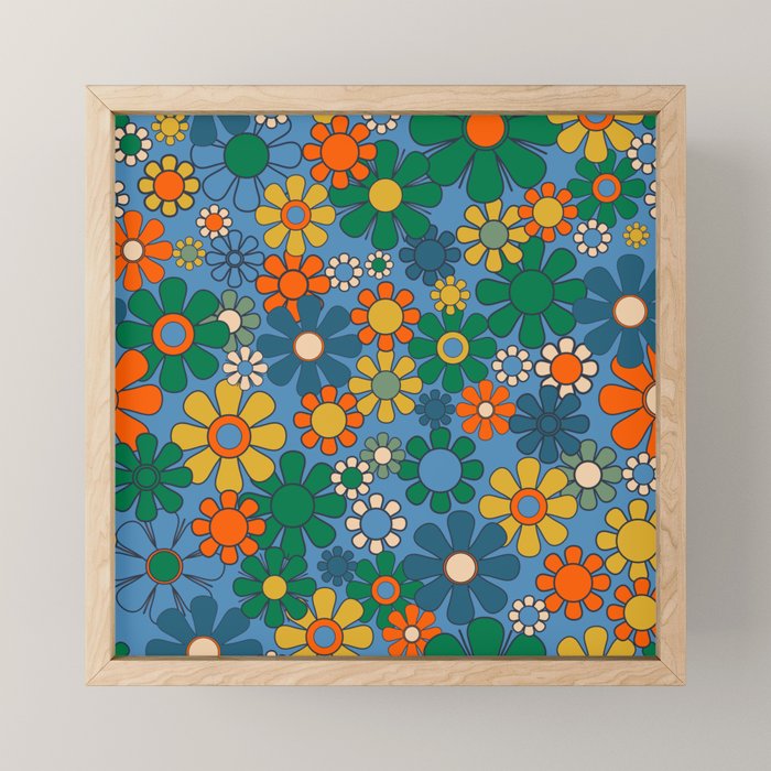 Groovy Retro Garden Flowers 60s 70s Multicolor Floral Pattern on Blue Mini Art Print Gallery Image 1