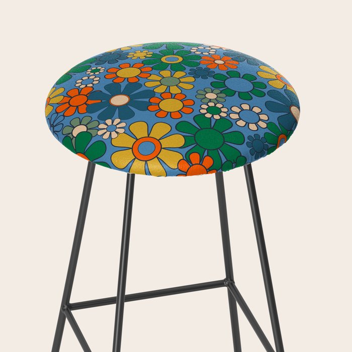 Groovy Retro Garden Flowers 60s 70s Multicolor Floral Pattern on Blue Stool Gallery Image 2