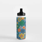 Groovy Retro Garden Flowers 60s 70s Multicolor Floral Pattern on Blue Water Bottle Gallery Image 2