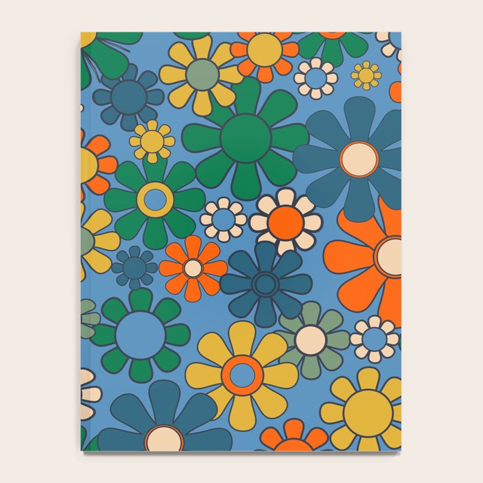 Groovy Retro Garden Flowers 60s 70s Multicolor Floral Pattern on Blue Notebook Gallery Image 4