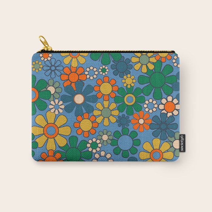 Groovy Retro Garden Flowers 60s 70s Multicolor Floral Pattern on Blue Carry All Pouch Gallery Image 1