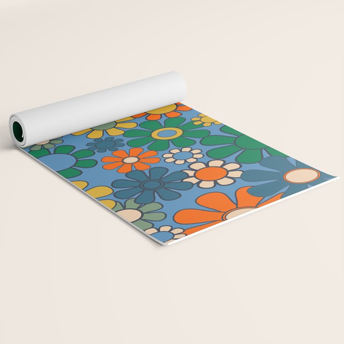 Groovy Retro Garden Flowers 60s 70s Multicolor Floral Pattern on Blue Yoga Mat Gallery Image 2