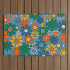 Groovy Retro Garden Flowers 60s 70s Multicolor Floral Pattern on Blue Outdoor Rug Gallery Image 1