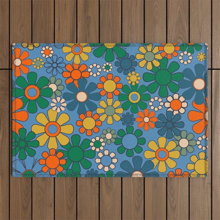 Groovy Retro Garden Flowers 60s 70s Multicolor Floral Pattern on Blue Outdoor Rug Gallery Image 1