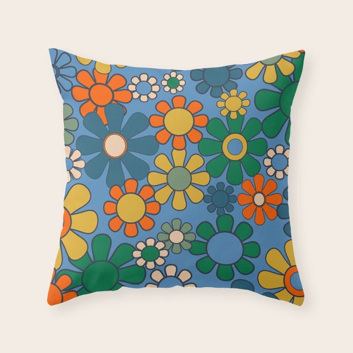 Groovy Retro Garden Flowers 60s 70s Multicolor Floral Pattern on Blue Throw Pillow Gallery Image 1